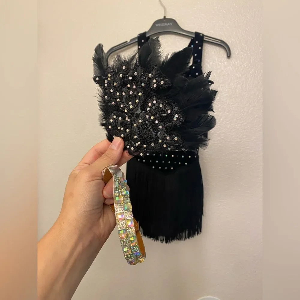 Weissman dance costume black velvet crystal fringe All That Jazz 11704 child LC